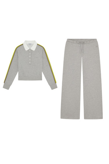 grey fleece polo and sweatpants