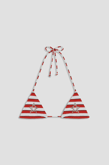 red black and white striped triangle swim top with star-shaped grommets 