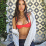 red bikini with laced stitch detailing