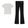 White t-shirt and black pants with heart designs on a white background